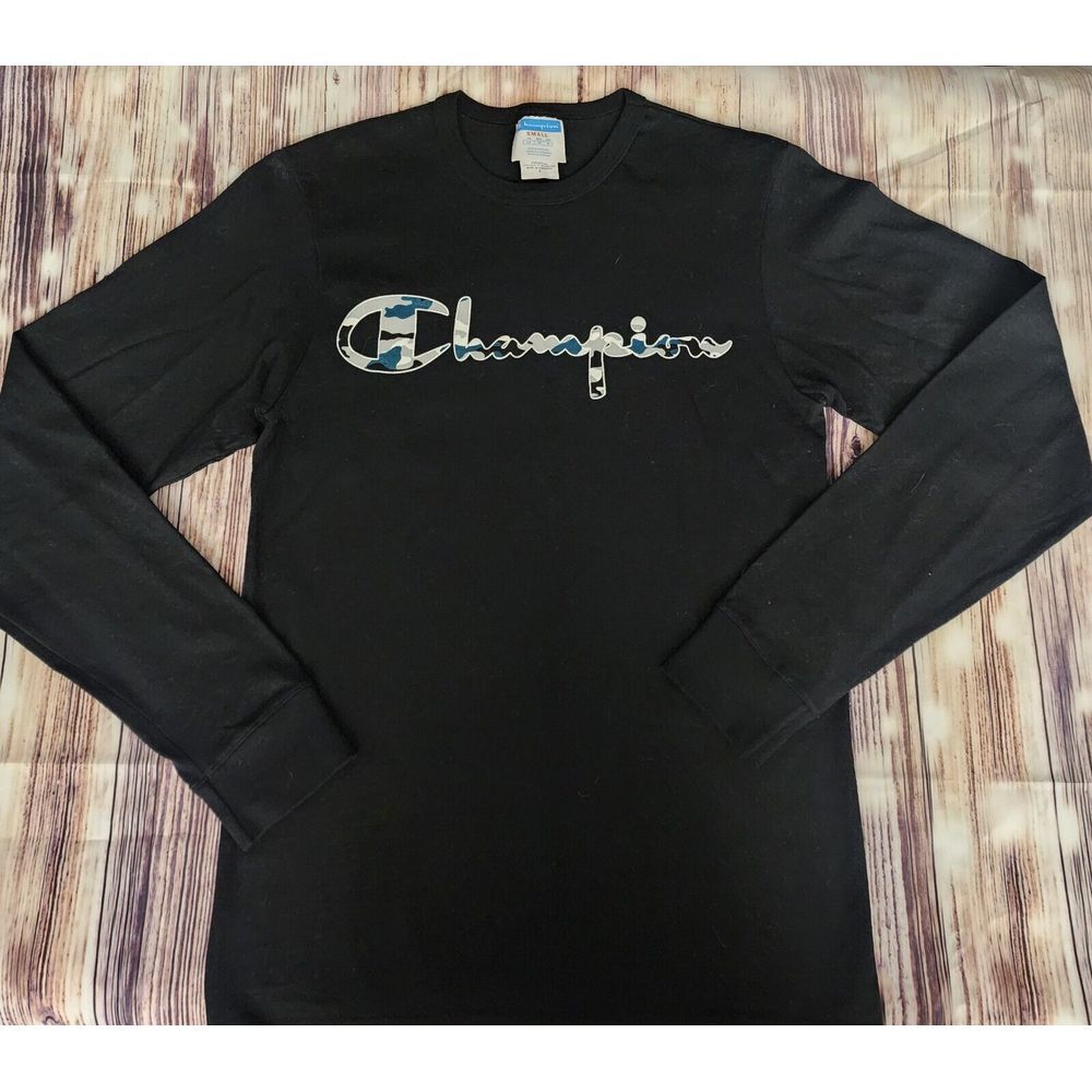 Champion Camo Logo Black Long‎ Sleeve Shirt Mens Small Camouflage